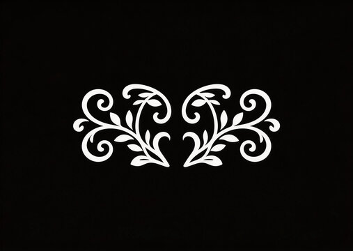 Vintage white floral scroll ornament on black background. Decorative filigree design with leaves and curls, suitable for ornate art and design elements.
