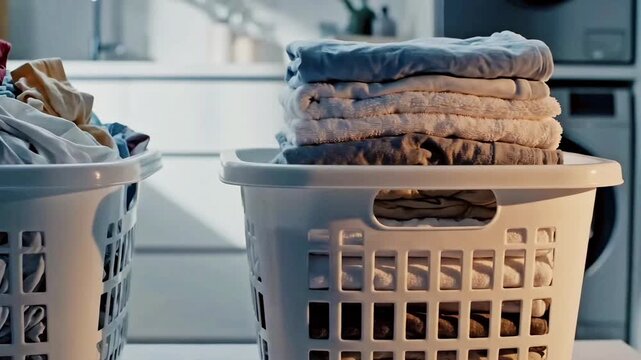 A modern laundry room scene with two baskets: one full of dirty clothes, the other with neatly folded clean laundry, showcasing a completed chore.