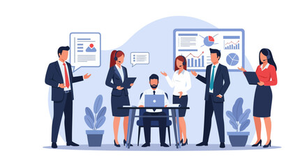 Business Team Collaboration & Data Analysis with Customer Support Professionals - Modern Office Meeting & Strategy Illustration