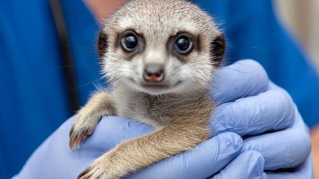Close-up of a tiny baby meerkat being carefully held by a veterinarian in blue surgical gloves.