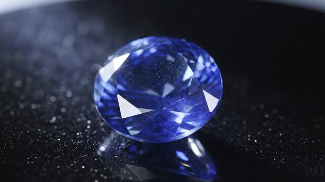 A beautiful blue faceted gemstone sparkling on a dark surface