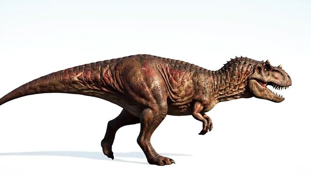 A large carnivorous Ceratosaurus dinosaur walking on a white background.