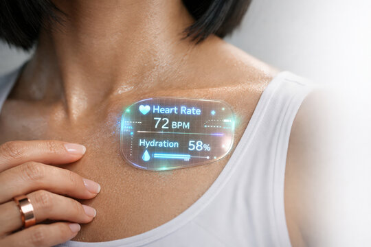 Woman wearing futuristic smart patch monitoring heart rate and