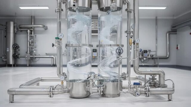 Medium shot focus on a stainless steel ozone injection contactor system with transparent tanks highlighting the visual flow of ozonated water in a hygienic treatment environment.
