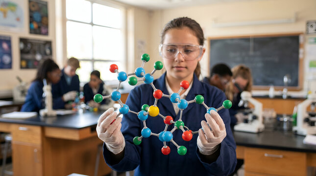 Young female student in a lab coat and safety glasses holding a molecular model in a science classroom