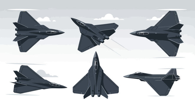 A collection of six modern stealth fighter jets in various flight poses against a clear sky, showcasing advanced military aircraft design.