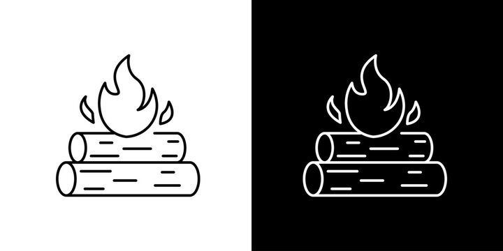 Minimalist campfire icon set featuring burning logs and vibrant flames, perfect for outdoor adventure and camping designs, presented in both light and dark modes