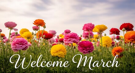 Colorful spring flower field with welcome March text in vibrant blooming meadow