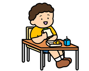 学校生活　机でランチをとるアジア人の男の子（サンドイッチ）