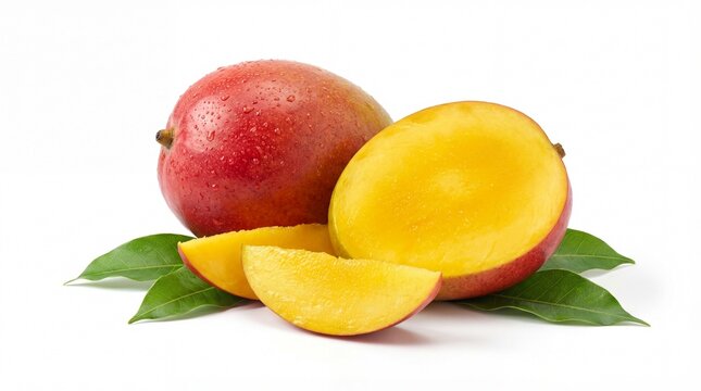 Fresh apples with leaves alongside mango and orange fruits isolated on a white background