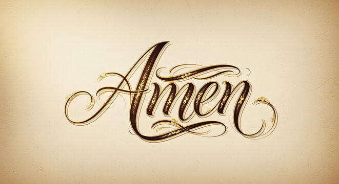 Elegant handwritten calligraphy of the word Amen with gold floral ornaments on a vintage paper