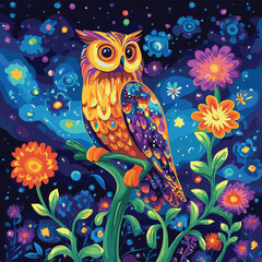Fototapeta premium A bright multicolored illustration of an owl sitting on a flowering tree against the background of the northern lights