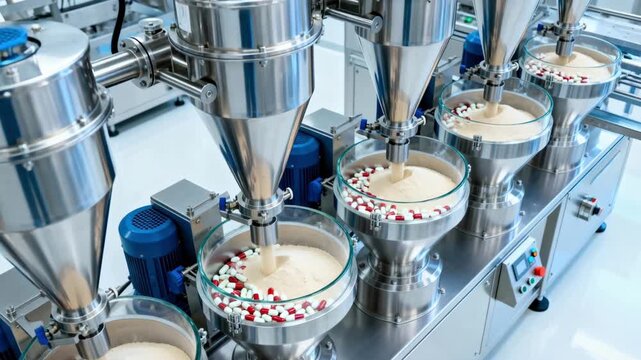 Automated powder feeders precisely measuring and dispensing vitamins into supplement capsules in a clean industrial setting showcasing advanced microdosing technology.