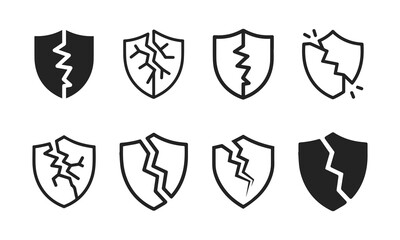 Broken shield icons set showing cracked protection symbols for security breach, vulnerability warning, and damaged defense featuring cybersecurity, alert, compromised with hacked and hack elements