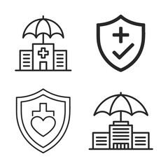 Healthcare insurance icons: medical building under umbrella, shield with check mark, shield with heart and cross, building under umbrella.