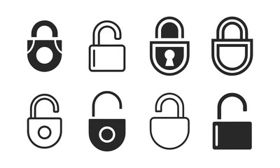 Padlock icon set showing locked and unlocked security symbols in black and white, minimal outline and solid vector style featuring lock, secure, protection with privacy and cybersecurity elements