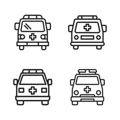 Collection of four stylized line art icons depicting various front-facing ambulance vehicles with emergency lights and crosses.