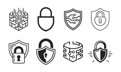Collection of Digital Security and Privacy Icons featuring Shields and Padlocks