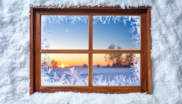 An open wooden window frame in an old house reveals a snowy winter landscape view under a cold sky through the glass of a rustic interior room
