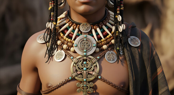 Detailed tribal necklace and body jewelry with ancient circular symbols worn by a person