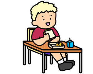 学校生活　机でランチをとる金髪の男の子（サンドイッチ）