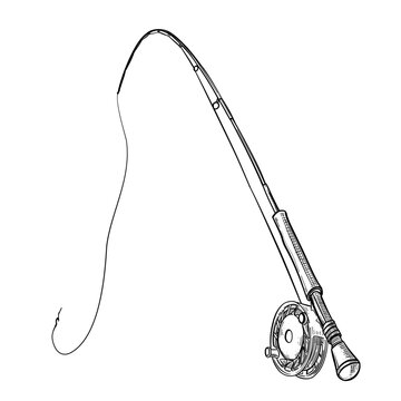 fishing rod with reel vector line art hand drawn illustration