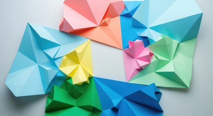 Obraz premium Five colorful geometric paper constructions arranged on a neutral surface