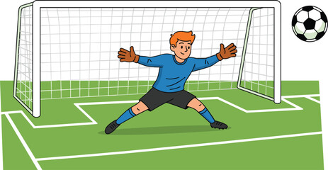 Flat vector illustration of a young male soccer goalkeeper in a blue jersey protecting the net from a ball on a green field © MdNurul