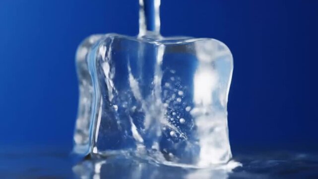 Melting Ice Cube Time-Lapse on Blue Background - A Detailed Study of Phase Transition.