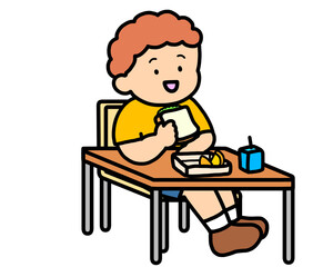 学校生活　机でランチをとる茶髪の男の子（サンドイッチ）