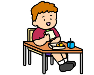学校生活　机でランチをとる茶髪の男の子（サンドイッチ）