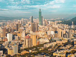 Taipei Finacial District, capital city of Taiwan, with view of Taipei 101 Tower standing amid skyscrapers