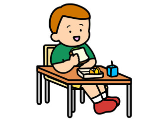 学校生活　机でランチをとる茶髪の男の子（サンドイッチ）