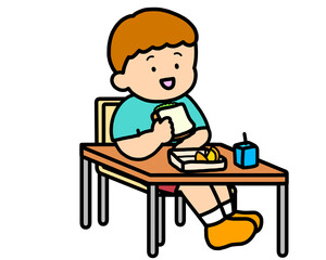 学校生活　机でランチをとる茶髪の男の子（サンドイッチ）
