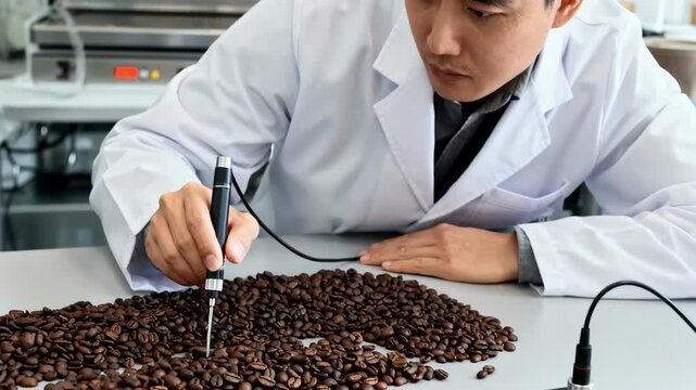 Technician in lab coat carefully probes coffee beans on a moisture testing station using precision instruments to measure moisture content on a clean bench meter setup.