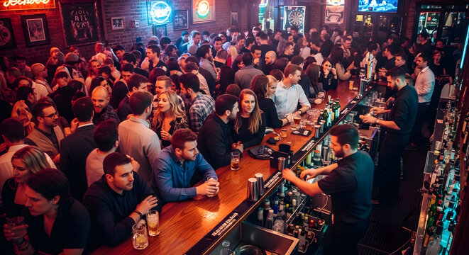 Many people socializing and drinking at a busy bar counter with bartenders serving drinks