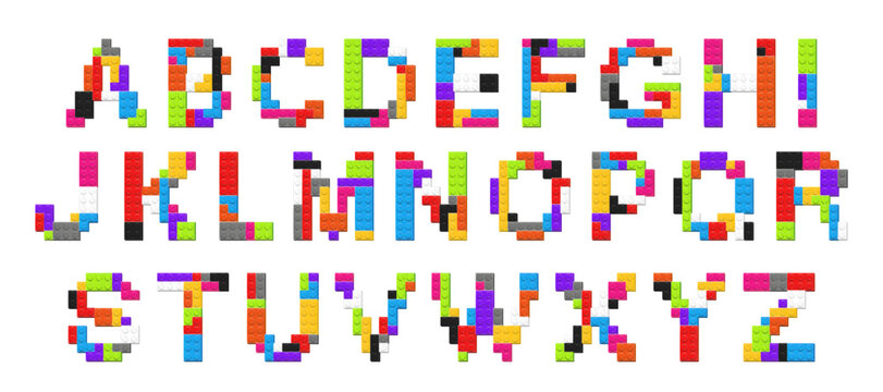 English font alphabet made with colored plastik constructor parts isolated on white background. Play and build concept. Vector illustration