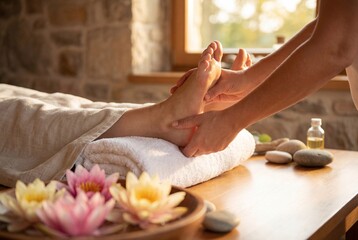 Naklejka premium Professional foot and ankle massage for woman in luxury spa with natural light
