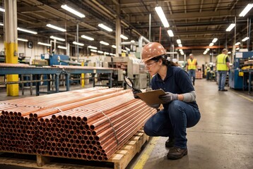 Fototapeta premium Factory worker in hard hat inspecting a stack of copper pipes
