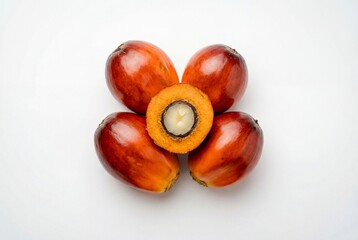 Obraz premium Fresh red orange oil palm fruits with one cut in half showing kernel and pulp on white background