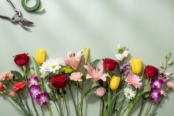 Obraz premium Vibrant flat lay of diverse cut flowers with gardening tools on a light green background