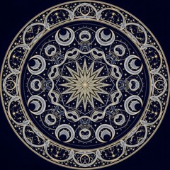 Celestial Mandala: An intricate mandala design with celestial elements, featuring a central star, crescent moons, and constellations, evokes a sense of cosmic harmony and spiritual contemplation.