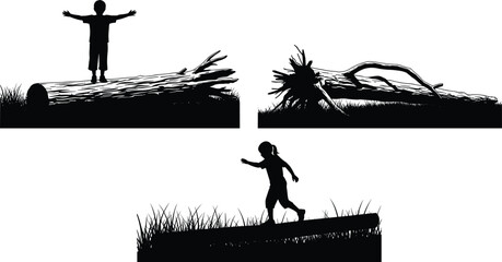 Child silhouette playing outdoors on fallen tree and grass, childhood freedom exploration concept, playful lifestyle illustration isolated on white background © Jomila