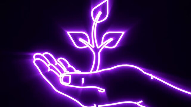 Neon Hand Holding Small Plant Illustration.