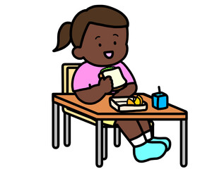 学校生活　机でランチをとる黒人の女の子（サンドイッチ）