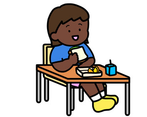 学校生活　机でランチをとる黒人の女の子（サンドイッチ）