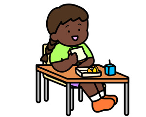 学校生活　机でランチをとる黒人の女の子（サンドイッチ）