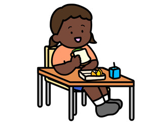 学校生活　机でランチをとる黒人の女の子（サンドイッチ）