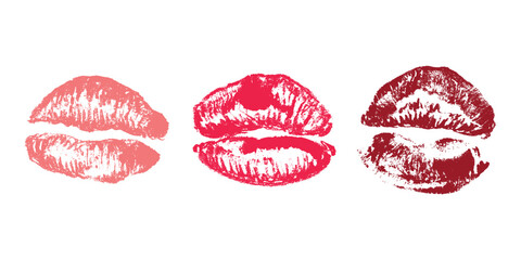 Set of lipstick kiss print Different shapes and colors imprint of lips Red pink female sexy lips makeup Design elements for beauty fashion poster Valentines Day wedding