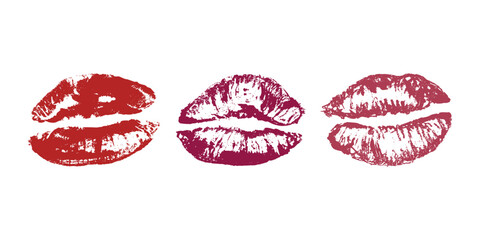 Set of lipstick kiss print Different shapes and colors imprint of lips Red pink female sexy lips makeup Design elements for beauty fashion poster Valentines Day wedding